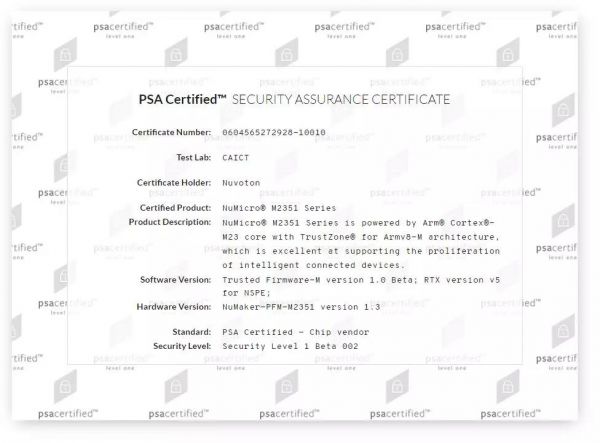  M2351 Arm PSA Certified Level 1  PSA Functional API CertifiedJCC